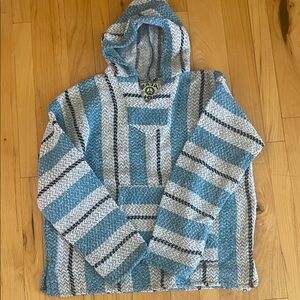 Authentic Vintage Baja Joe Blue and Gray Striped Men's Hoodie Sweater- S